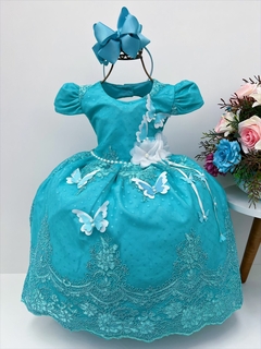 Vestido Infantil Verde Tiffany Com Borboletas Bordado Pérolas