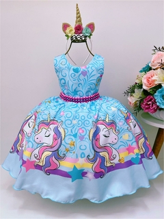 Vestido Infantil de Festa Unicórnio Azul