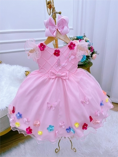 Vestido Infantil Rosa Busto e Saia com Aplique de Flores - Gilerá Fashion