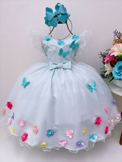 Vestido Infantil Verde Busto Aplique de Flores e Borboletas