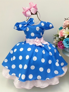 Vestido Infantil Festa Galinha Pintadinha Azul Bolinhas Tule Rosa Laço