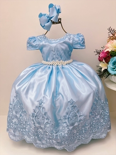 Vestido Infantil Longo Azul Rendado Realeza Luxo Pérolas