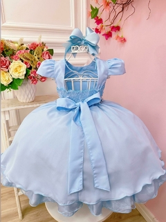 Vestido Infantil Azul Cinto e Busto de Pérolas Luxo na internet