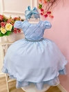 Vestido Infantil Azul Cinto e Busto de Pérolas Luxo