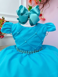 Vestido Infantil Azul Tiffany Cinto de Pérolas Luxo - comprar online