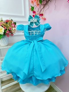 Vestido Infantil Azul Tiffany Cinto de Pérolas Luxo na internet