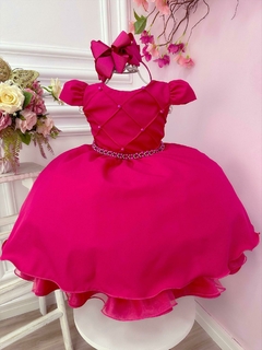 Vestido Infantil Pink Com Cinto de Pérolas Casamento Luxo
