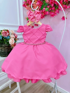Vestido Infantil Rosa Chiclete Cinto Pérolas Casamento Luxo - Gilerá Fashion