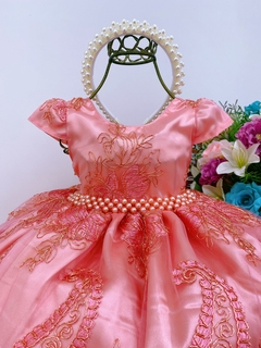 Vestido Infantil Festa Luxo Coral Rendado Cinto Pérolas Luxo Princesas - comprar online
