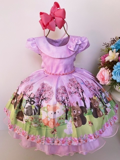 Vestido Infantil Rosa Bosque Jardim Encantado Cinto Pérolas