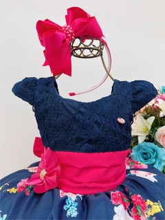 Vestido Infantil Azul Marinho Renda Jardim Flores - comprar online