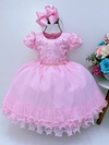 Vestido Infantil Rosa Aplique Borboletas Cinto de Pérolas