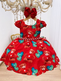 Vestido Infantil Festa Vermelho Ursinho e Corações Festas Luxo - Gilerá Fashion