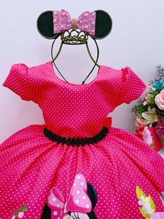 Vestido Infantil Festa Minnie Pink Bolinhas Brancas e Pérolas - comprar online