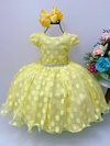 Vestido Infantil Festa Luxo Amarelo Bolinhas Cinto Strass Pérolas