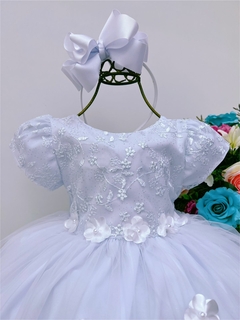 Vestido Infantil Branco Rendado com Aplique de Flores - comprar online