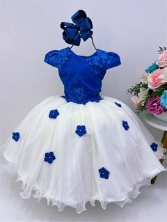 Vestido Infantil Azul Royal e Off Aplique Flores Renda Luxo