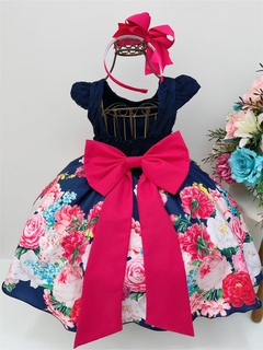 Vestido Infantil Azul Marinho Renda Jardim Flores na internet