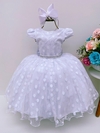 Vestido Infantil Branco Bolinhas Cinto Strass Com Pérolas Luxo