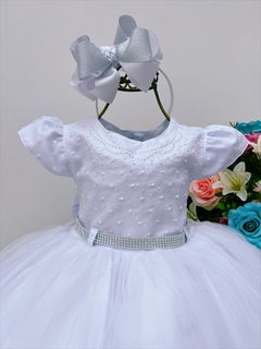 Vestido Infantil Branco com cinto de Strass Batizado Daminha - comprar online