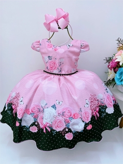 Vestido Infantil Rosa Flores e Borboletas Cinto de Pérolas