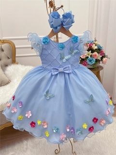 Vestido Infantil Luxo Azul com Aplique de Flores e Borboletas - Gilerá Fashion
