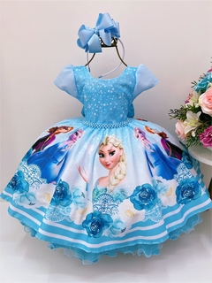 Vestido Infantil Festa Frozen Elsa e Anna Azul Cinto Pérola