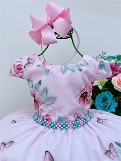 Vestido Infantil Rosa Flores Jardim das Borboletas Pérolas - comprar online