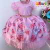 Vestido Infantil de Festa Rosa Saia Floral e Borboletas