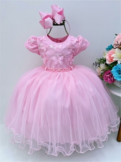 Vestido Infantil Rosa Renda com Aplique de Borboletas