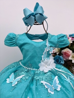 Vestido Infantil Verde Tiffany Com Borboletas Bordado Pérolas - comprar online