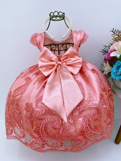 Vestido Infantil Festa Luxo Coral Rendado Cinto Pérolas Luxo Princesas na internet