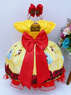 Vestido Infantil Festa Bela e a Fera Amarelo Vermelho Flores Luxo na internet