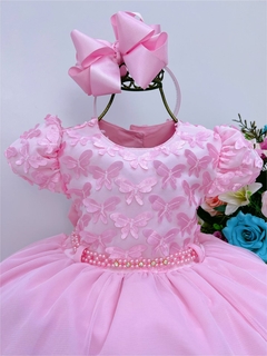 Vestido Infantil Rosa Aplique Borboletas Cinto de Pérolas - comprar online