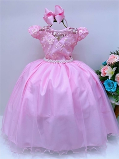 Vestido Infantil Longo Dama de Honra Rosa Casamento Renda