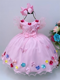 Vestido Infantil Rosa Busto e Saia com Aplique de Flores