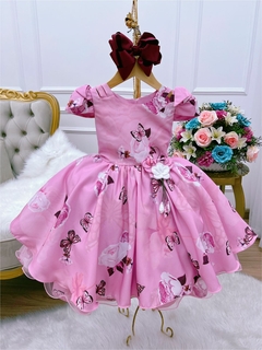 Vestido Infantil Rosa Jardim das Borboletas Luxo - Gilerá Fashion