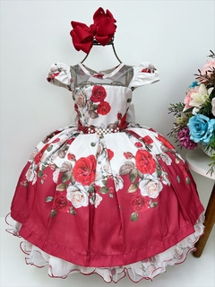 Vestido Infantil Off Floral Vermelho Cinto de Pérolas Luxo - comprar online