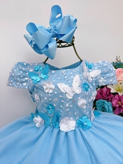Vestido Infantil Azul Renda Com Aplique Borboletas e Flores - comprar online