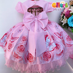 Vestido Infantil de Festa Rosa Saia Floral e Borboletas na internet