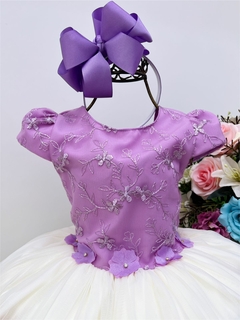 Vestido Infantil Lilás e Off Aplique Flores Renda Luxo - comprar online