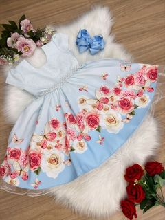 Vestido Infantil Azul Bebê Jardim das Borboletas com Pérolas - Gilerá Fashion