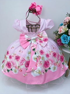 Vestido Infantil Rosa Jardim das Borboletas com Pérolas na internet
