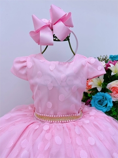 Vestido Infantil Festa Luxo Rosa Bolinhas Cinto Strass Pérolas - comprar online