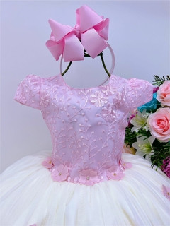 Vestido Infantil Rosa e Off Aplique Flores Renda Luxo - comprar online