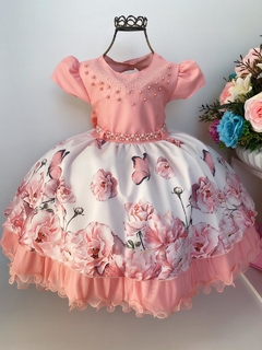 Vestido Infantil Princesa Rosa Floral e Borboletas