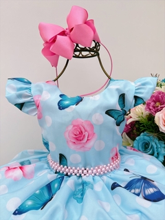 Vestido Infantil Azul Jardim das Borboletas Cinto de Pérolas - comprar online