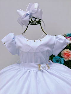 Vestido Infantil Branco com Flor na Cintura Strass Pérolas - comprar online