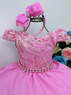 Vestido Infantil Rosa Chiclete Renda e Pérolas - comprar online