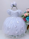 Vestido Infantil Branco Rendado com Aplique de Flores